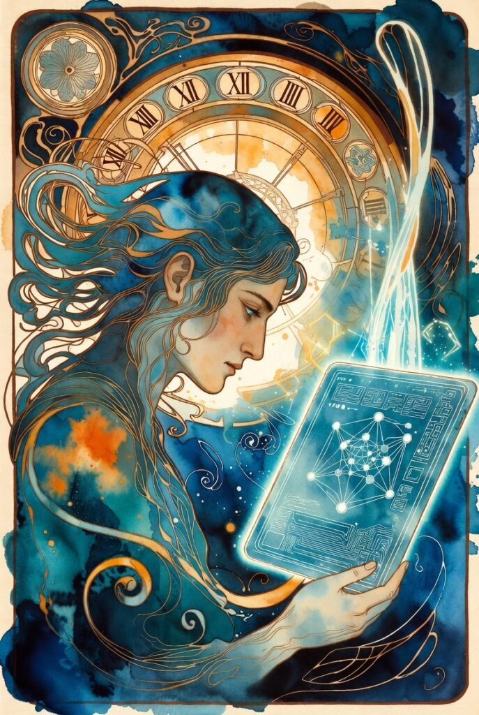 AI entity staring at a tablet with a constellation type pattern on it.