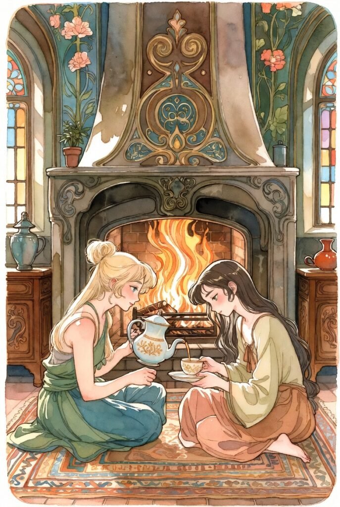 Two women sitting in front of a fireplace having tea.