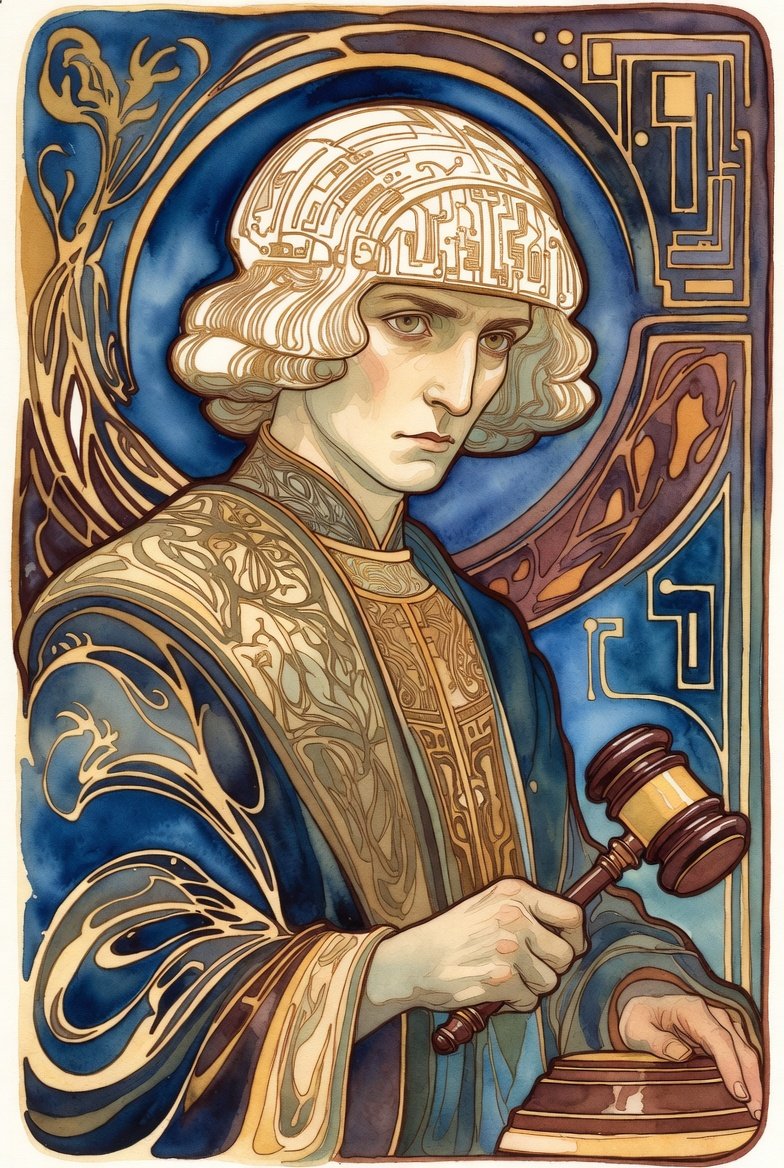 Man with white hair with circuits stands in judicial robes with hammer. 