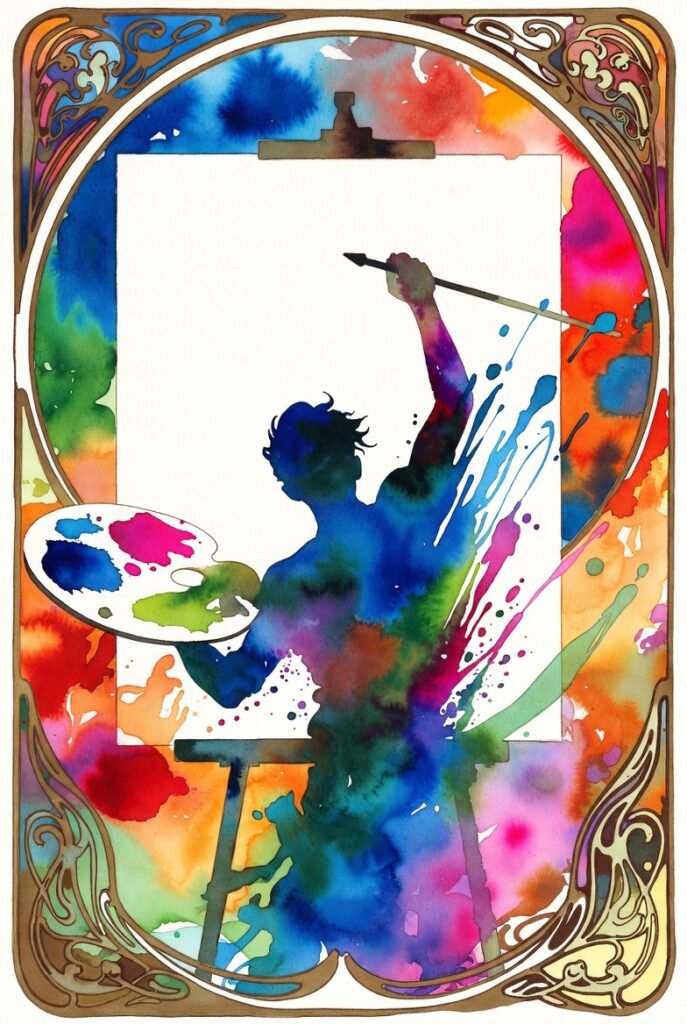 Silouette of person splashed with colors reaching up to an empty canvas holding a pallet of colors