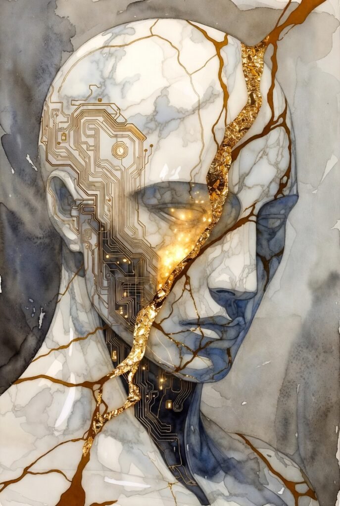 Marble face of an ai entity with circuit details. A crack across it is filled in gold.