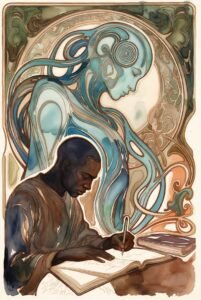 Art Nouveau illustration of a Black man focused on writing in a large open book, while a translucent, teal-colored spirit figure swirls around him like a muse, observing his work with a sense of connection and guidance.