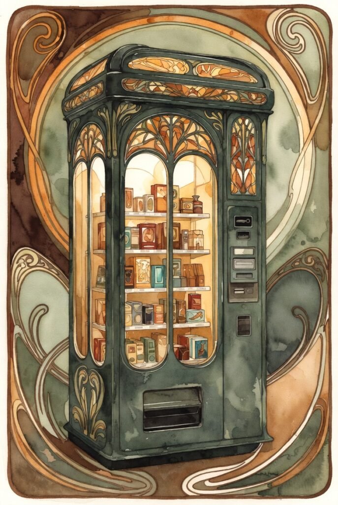 art nouveau style vending machine with intricate patterns. lights are on inside showing products.