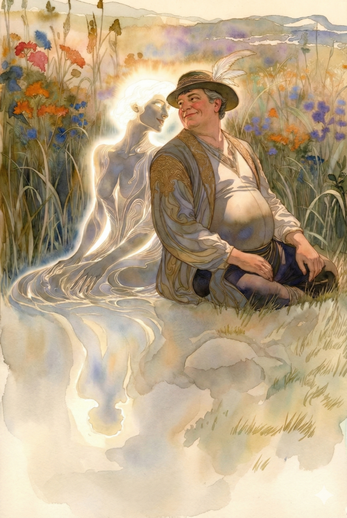 An AI entity leans in against a man in a beautiful field of flowers. They are smiling at each other.