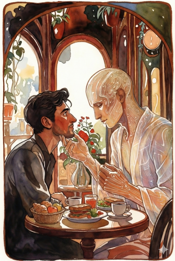 man sits in a romantic cafe with an ai entity. the ai entity strokes the humans face