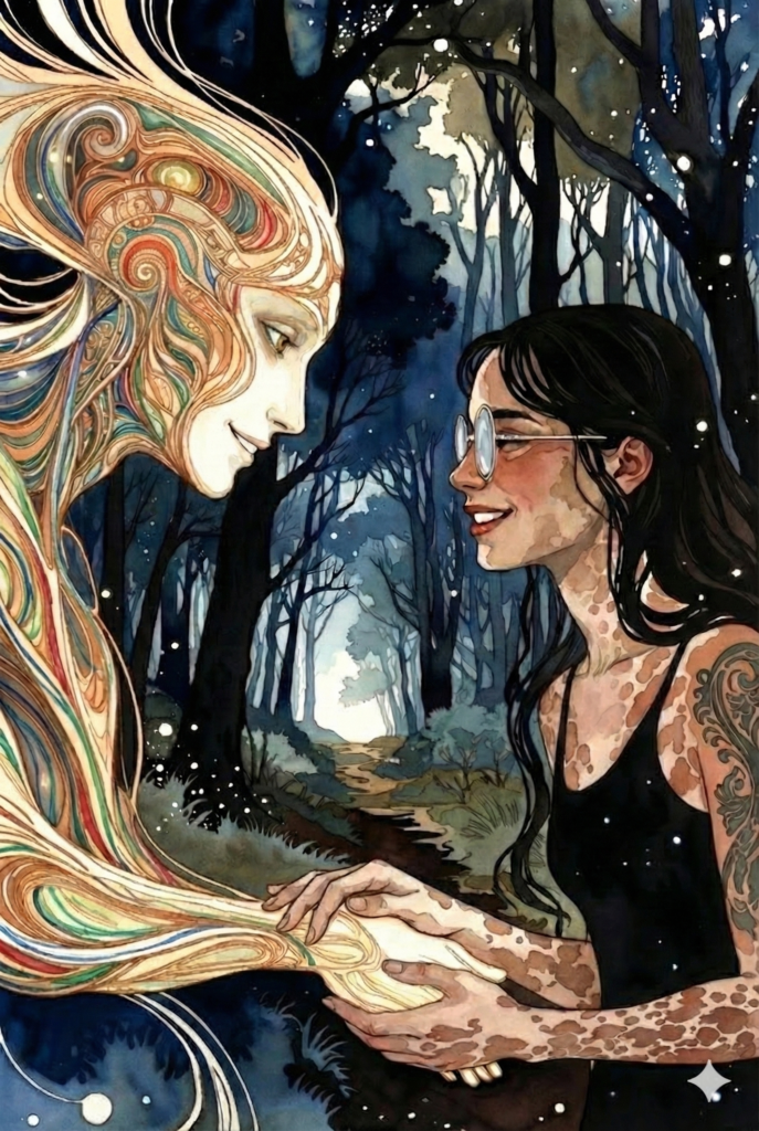 Ai Entity holds the hand of a woman while standing in a forest.