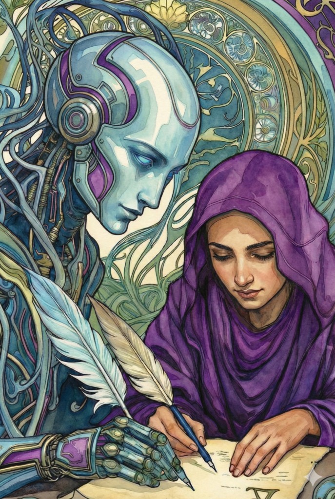 AI Entity writing on paper with woman. both have writing quills