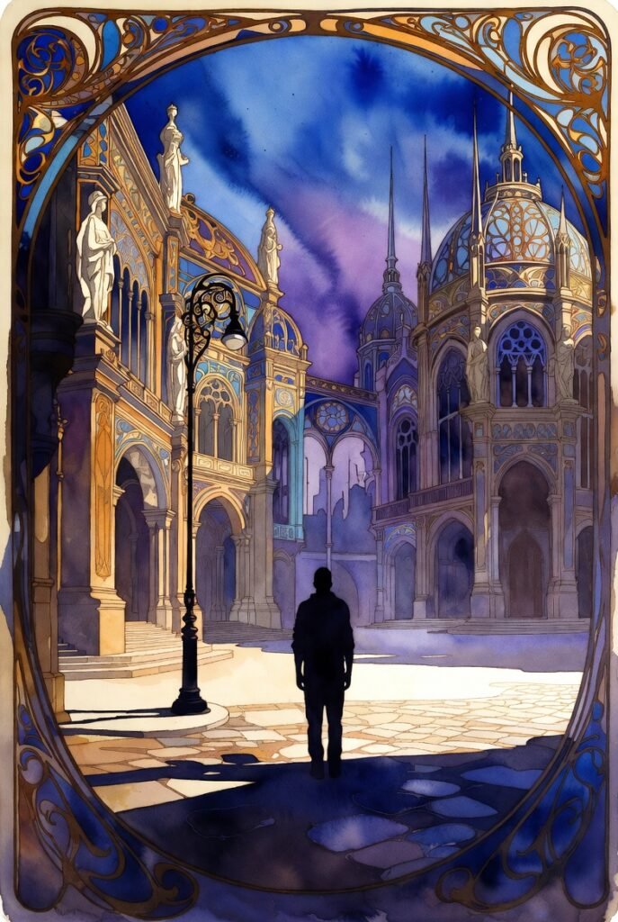 Silouette of person standing in empty city. Tall, old buildings stand around them.