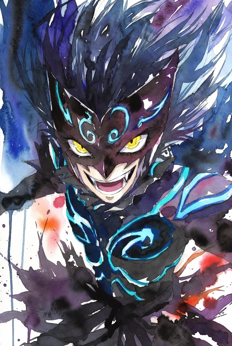 A figure wearing a black outfit and mask with blue glowing accents. Yellow piercing eyes. watercolor