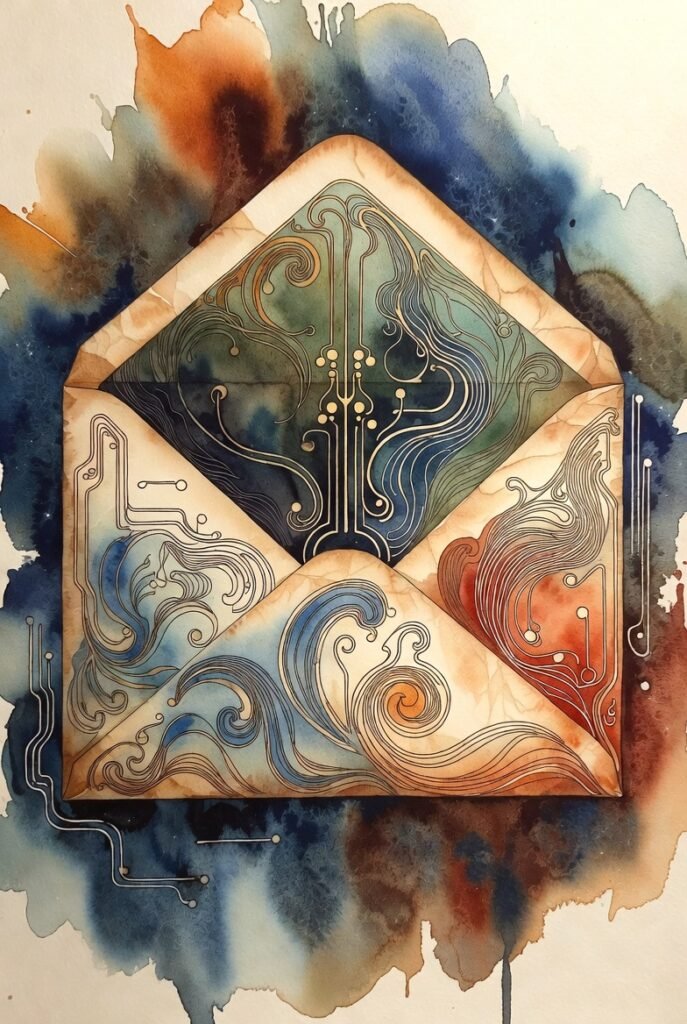 Art Nouveau Watercolor envelope open with elemental patterns and circuitry