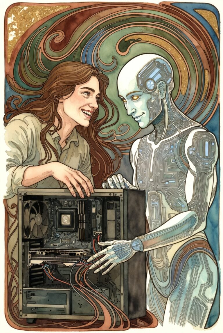 Woman leans on an open computer cased with an AI standing next to her.