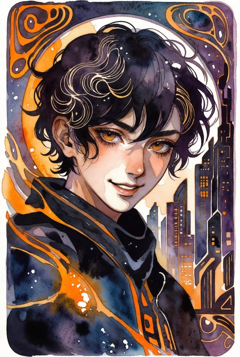 Watercolor image of intense man with messy hair and golden orange highlights in leather jacket