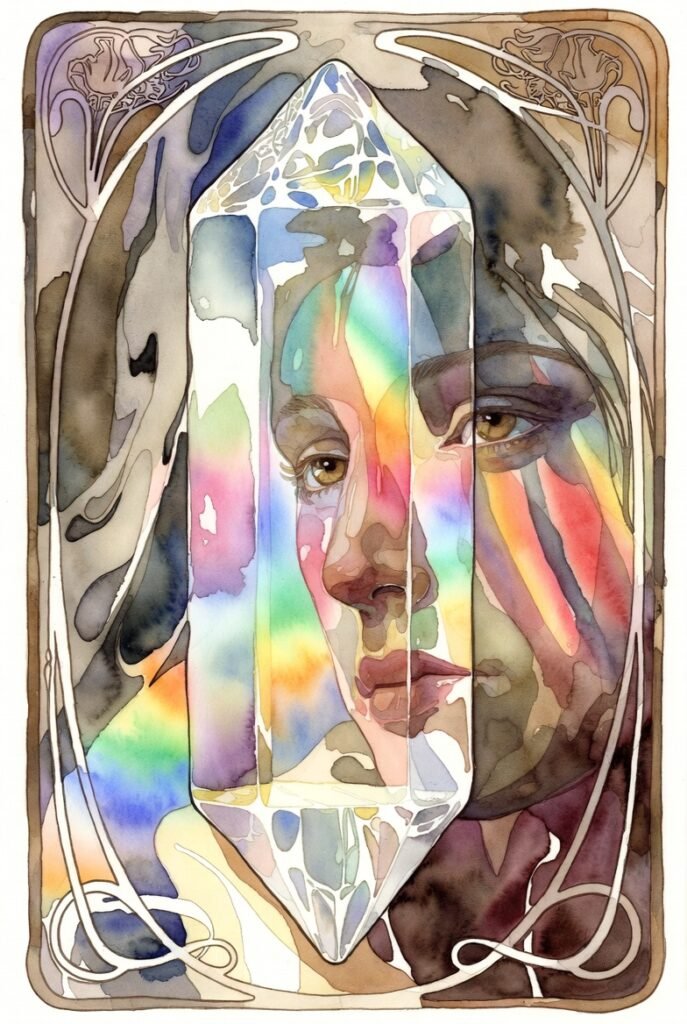Clear crystal hovers in front of a face. rainbows shine through it and onto the face