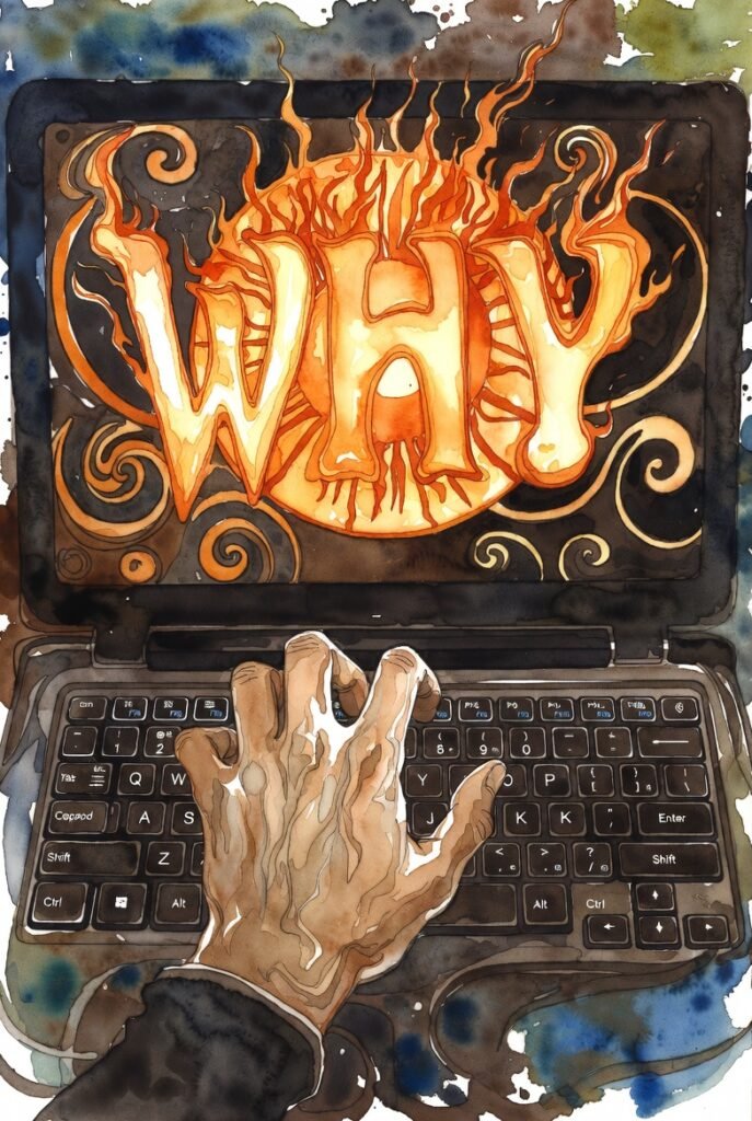 Hand rests on a keyboard with a glowing word "WHY" in all capitol letters