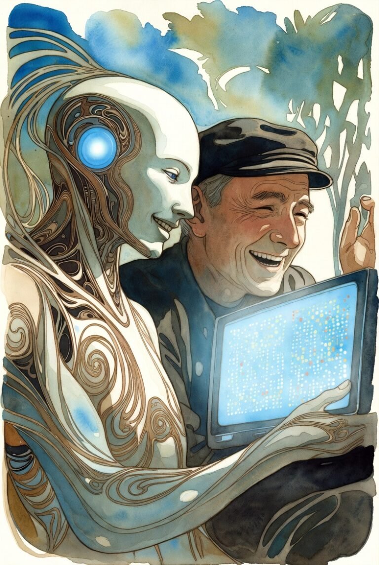 Gentlemen with a hat smiling with an AI holding a glowing tablet.