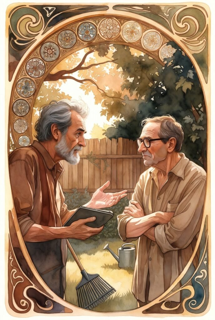 One man holds a tablet talking to another man outside in a garden.