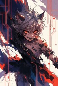 Neko boy with glowing red eyes and pointed teeth looking at the camera in a dynamic pose. circuit accents.