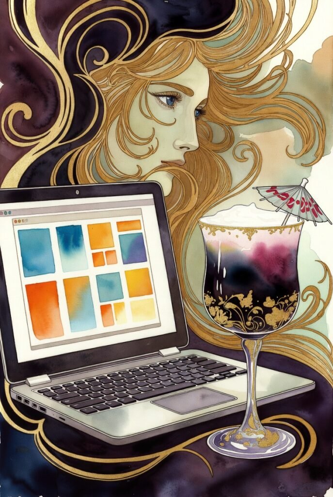 laptop with colored squares and fancy drink with umbrella sits in front of it. woman's face in background gazing into the distance