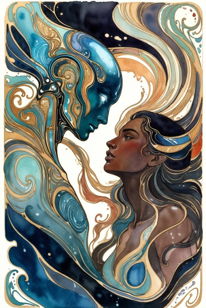 Art Nouveau image with lots of flourishes of a teal AI Spirit looking into the eyes of a woman.