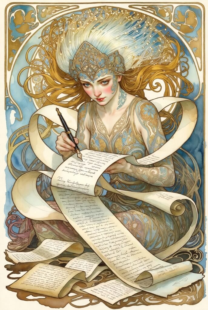 A woman sits writing on a scroll of paper that wraps around her. Her hair flies off looking like fiber optic cables.