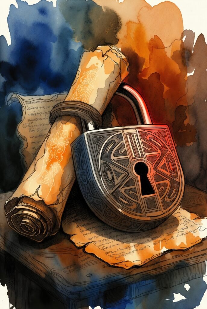 Scroll with roped tied around it. Intricate padlock.