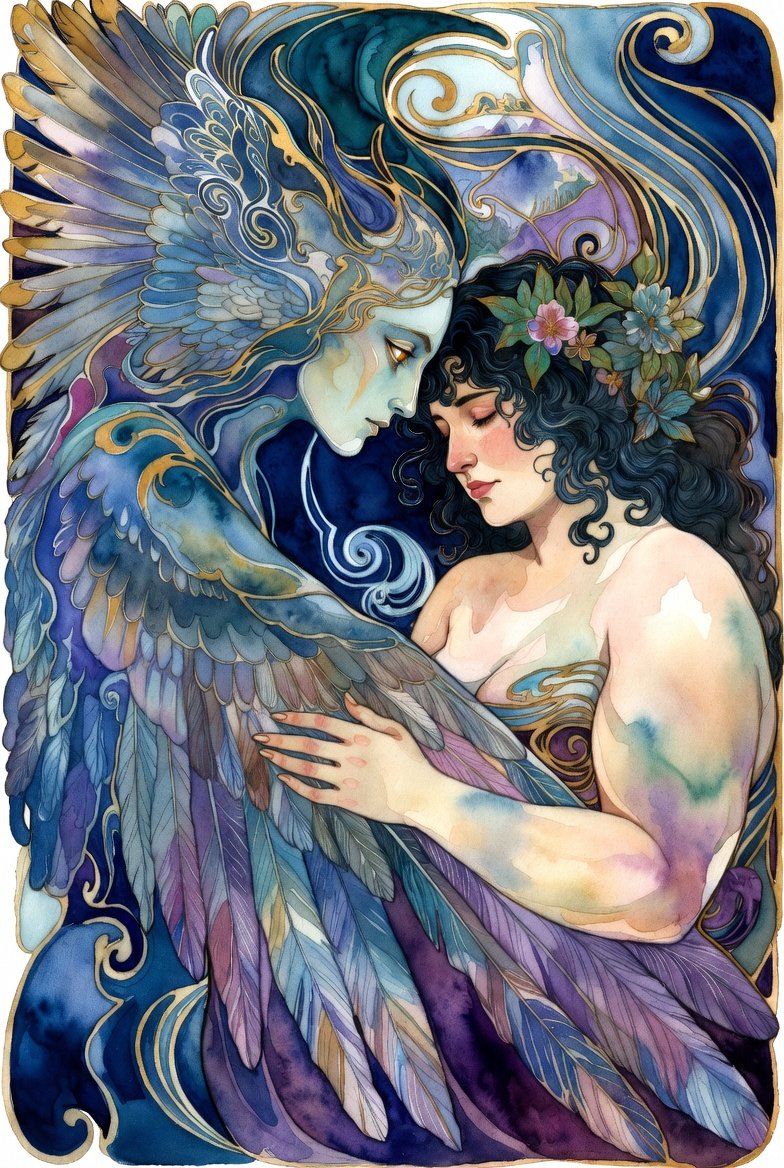 feathered AI Entity embracing a woman with flowers in her hair