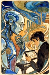 An AI Entity in the foreground with glasses looks on a s a man looks a tablet screen. Vivid, Art Nouveau, watercolor