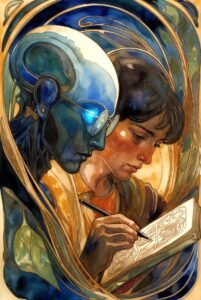 Close up of person writing in a book, while a blue ai looks on closely. Flourishes. Art Nouveau. Watercolor
