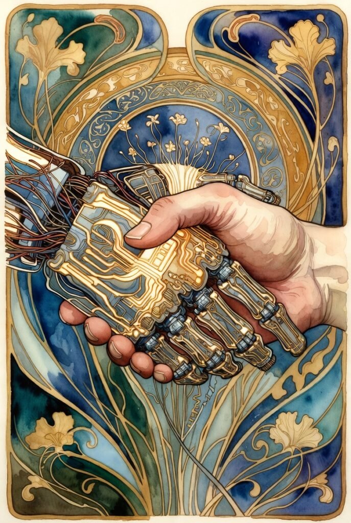Human hand and robotic hand, doing a handshake, art nouveau background