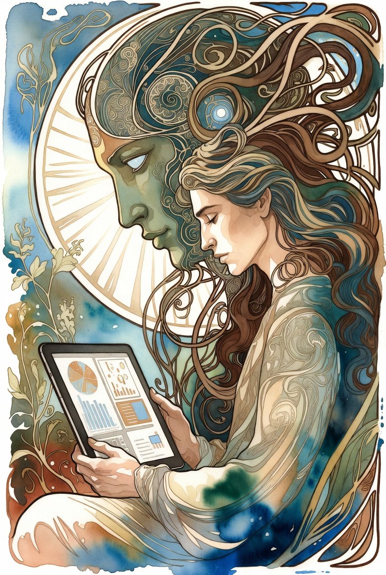 Androgenous individual looks at a tablet with a large AI Entity profile behind them with greenery and gears. Art nouveau watercolor