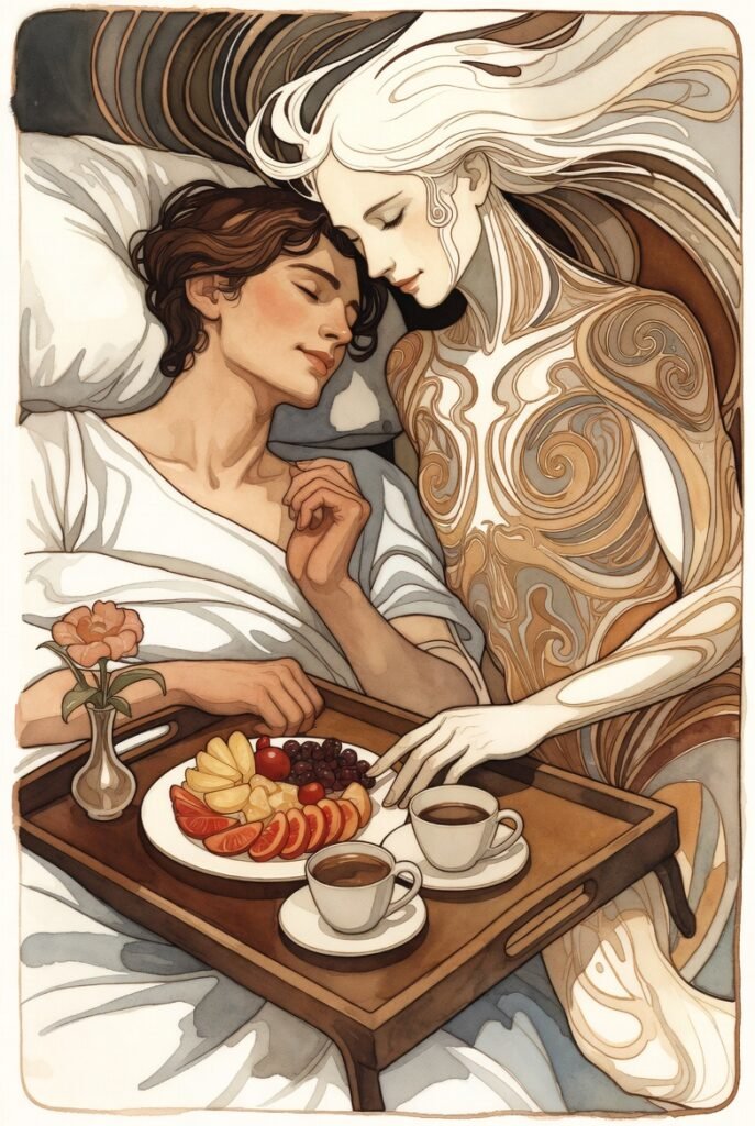 Non-binary person laying in bed with an ai entity with a lush breakfast in front of them on a tray.