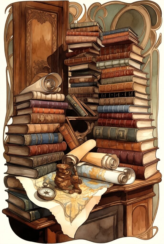 Desk piled with books, scrolls, a map and a compass.
