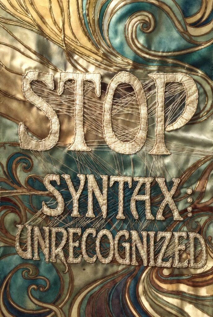embroidered fabric. The word "stop" with threads coming off of it like it's unraveling. Underneath the words "Syntax: Unrecognized"