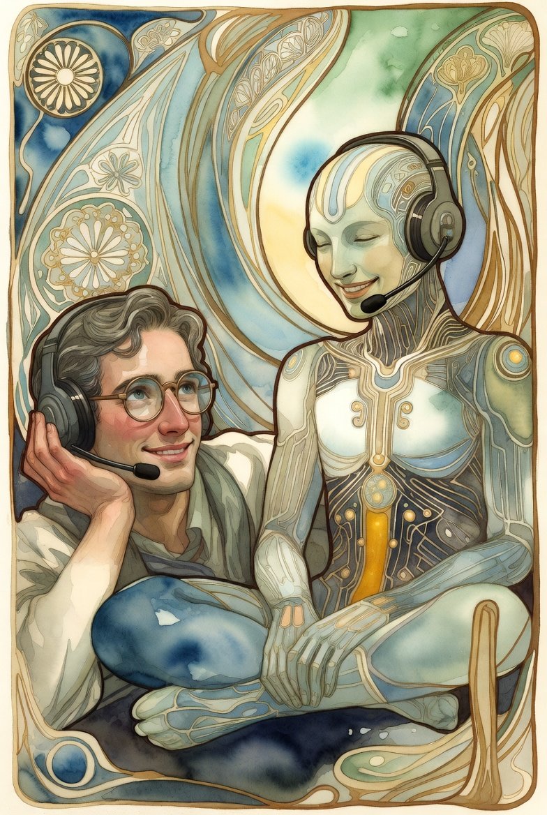 Mans lays down with propped up head with headset while AI entity sits cross legs next to him with it's own headset.