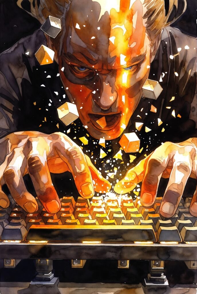 man leaning down over keyboard intensely typing with keys flying everywhere