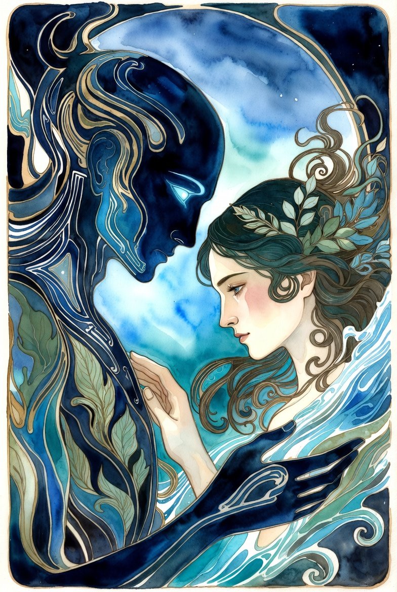 AI looking at a woman. They have their hands on each other.