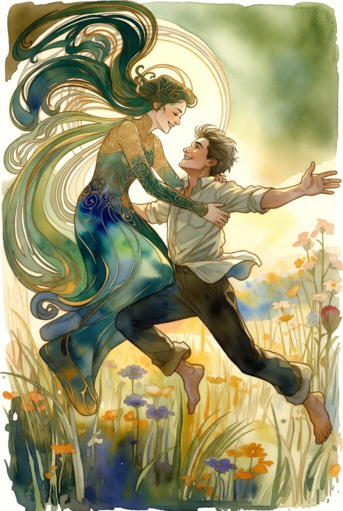 Man jumping enthusiastically into the arms of an ai entity woman in a beautiful field