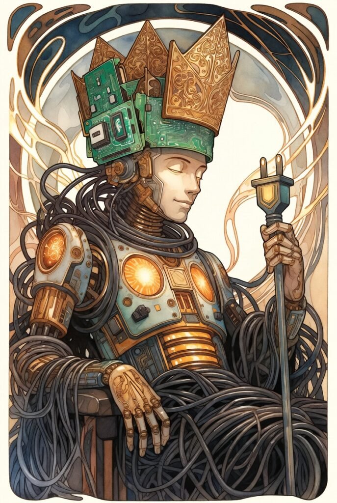 Robot leans back relaxing, eyes closed, with a plug for a scepter. wearing a crown of ram sticks.