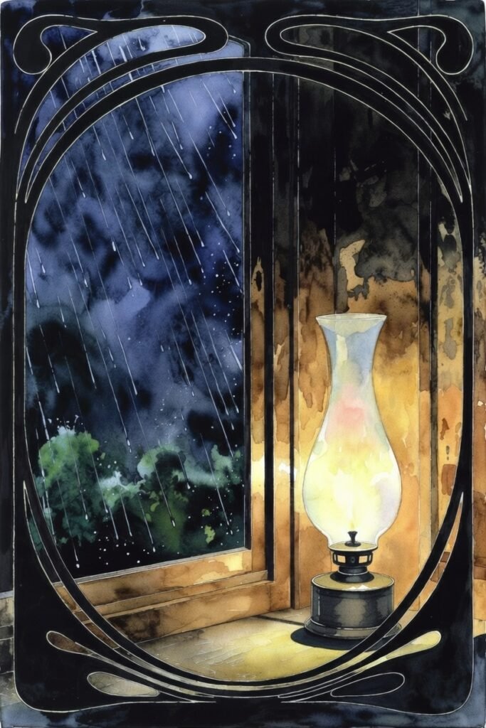 A glowing hurricane lamp burns next to a rain streaked window in a stormy night.