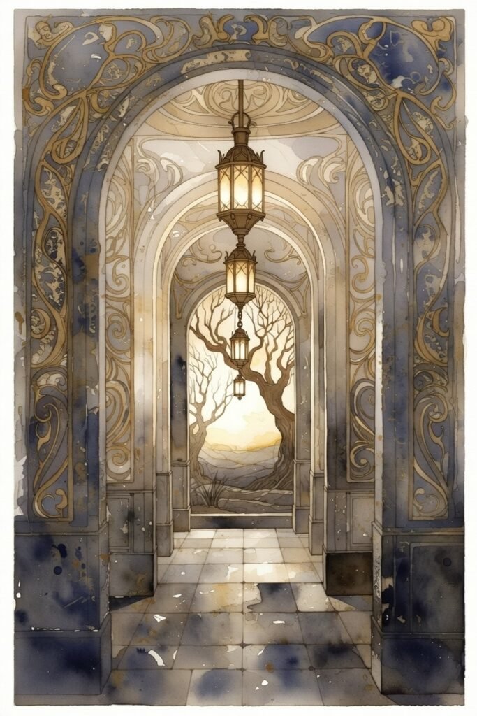 A long hallway with a tree on the back wall. lamps hang down the center. art nouveau