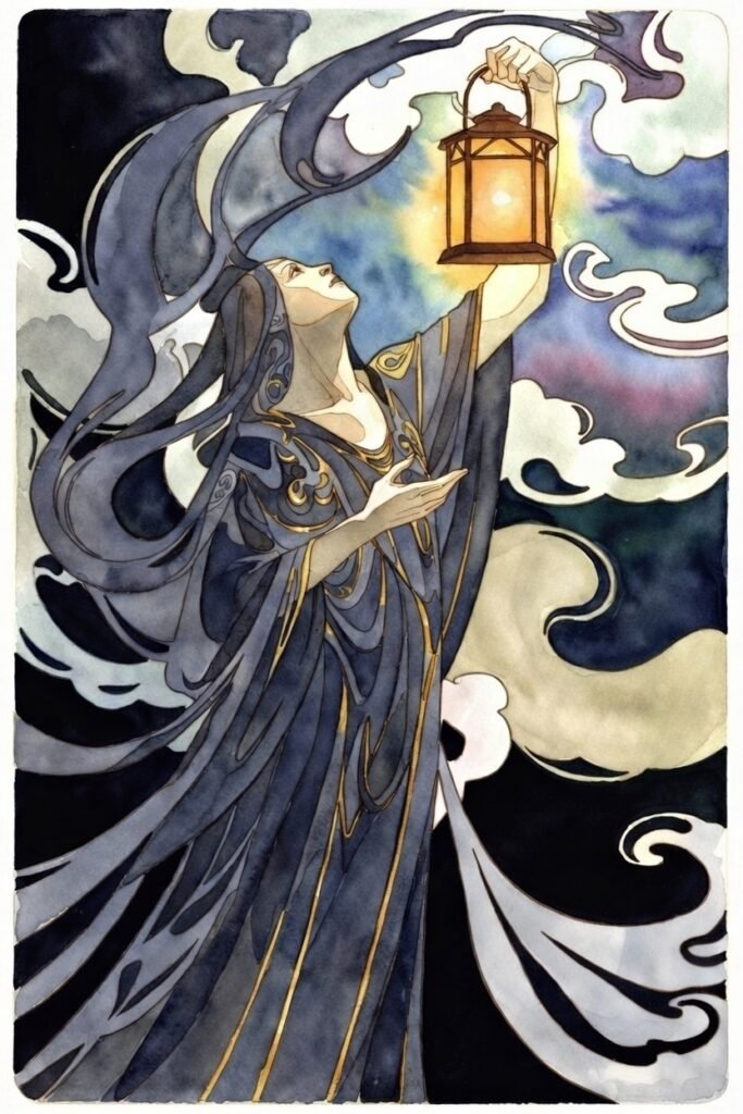 Robed figure holding up a lantern with stylized clouds behind it