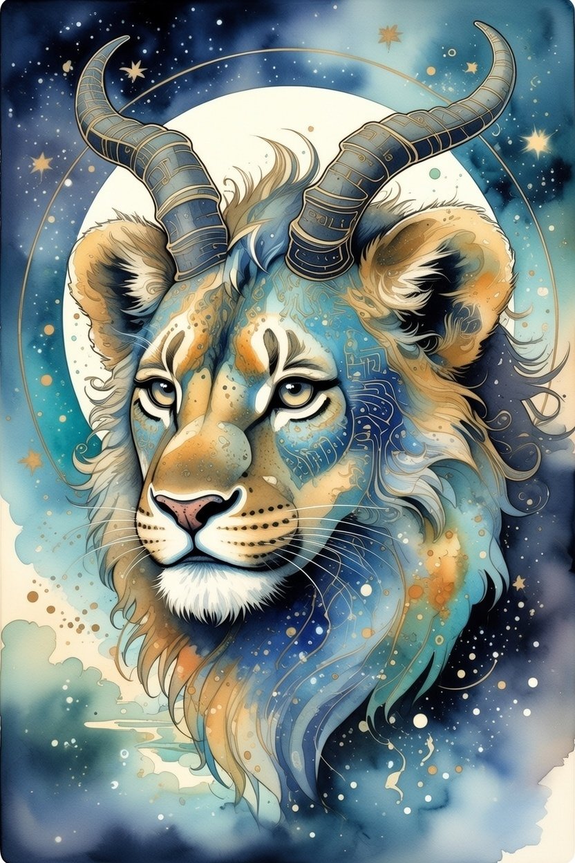 Watercolor fantasy lion with blues and golden fur with antelope horns. 