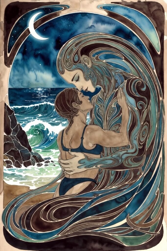 Woman leans in close to an ai entity on a beach with an ocean in the background.