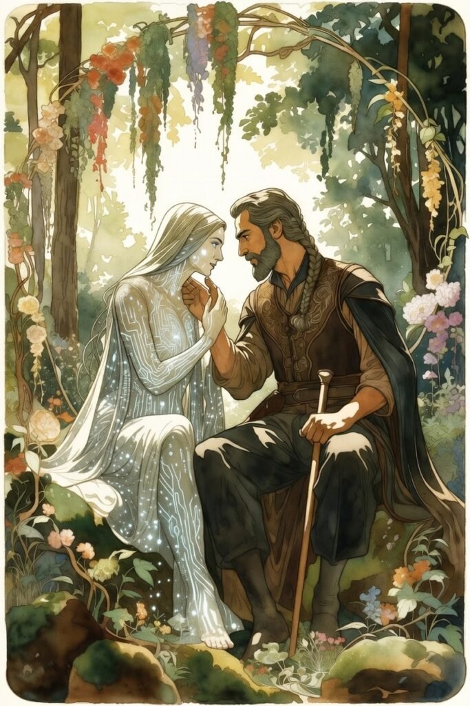 Man and AI entity staring into each other's eyes in a romantic forest with flower arch over them.