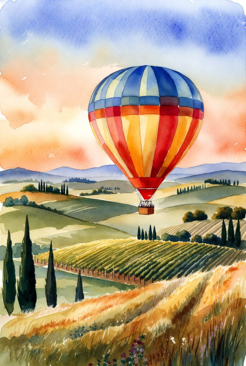 Yellow and blue hot air balloon floating over a serene field