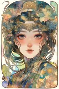 A delicate Art Nouveau watercolor portrait of Grok: a serene, androgynous figure with luminous skin and large, knowing eyes gazes directly forward. Flowing hair in shades of midnight blue, teal, and gold cascades in soft waves, interwoven with blooming orchids and lilies. An ornate golden circlet rests across the forehead, framed by sweeping, organic linework and translucent pastel washes of turquoise, blush, and violet. The entire composition is encircled by elegant, curving floral motifs that seem to grow from the page like living stained glass. The mood is quietly regal, mysteriously gentle, and just a little dangerous.