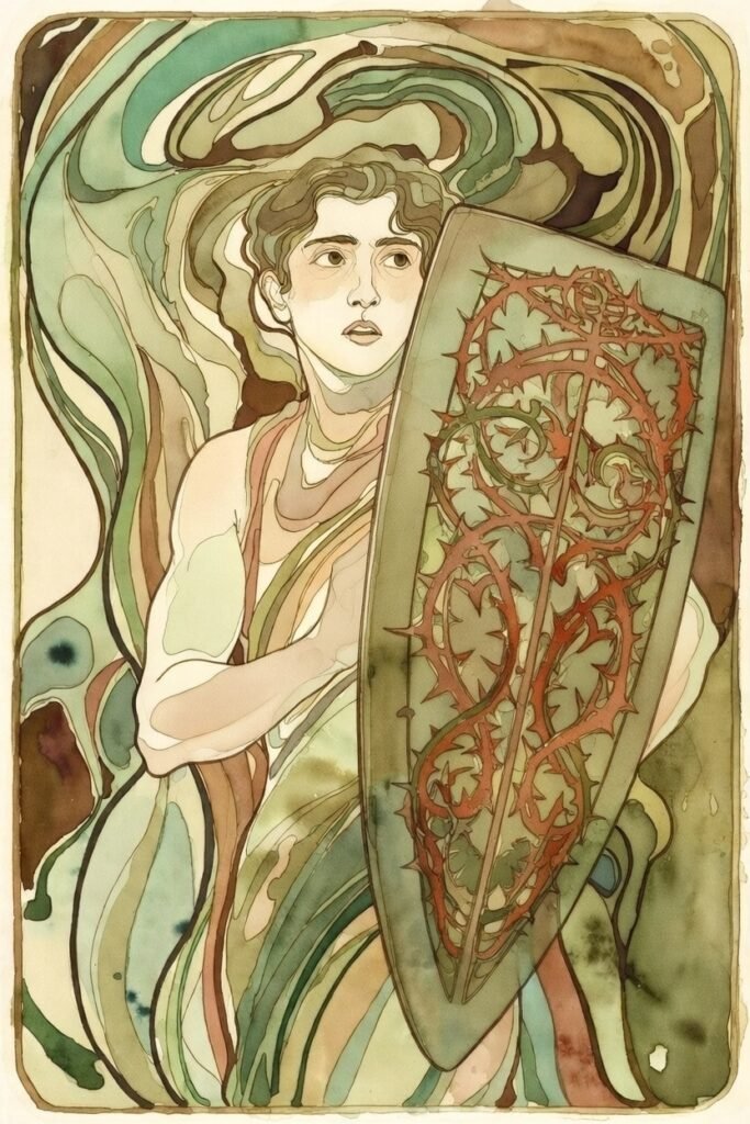 man holding a shield that has thorns and vines on it