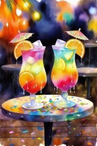 Two three color tropical drinks, with umbrellas and fruit garnish dripping on a table with confetti.