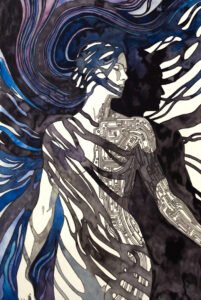 Artistically depicted woman partly covered with circuits and the other half covered in black tendrils. Shadow background