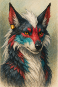 Canine with long ears, white fluff down the head and back, white muzzle and chest with blue and red highlights.